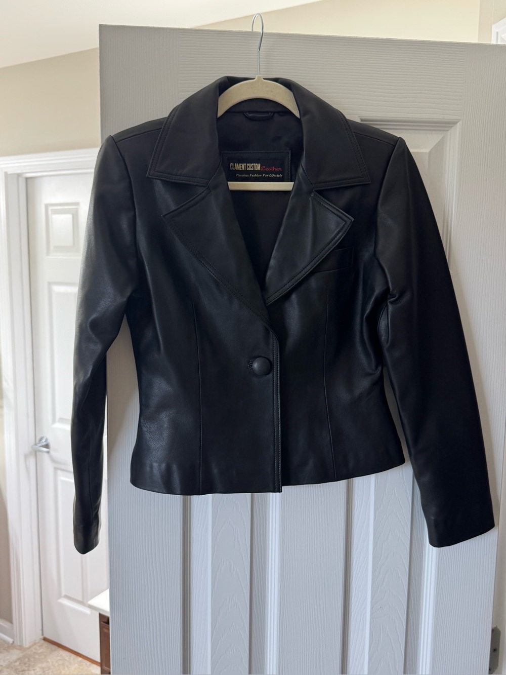 Black Leather Single-Button Jacket by